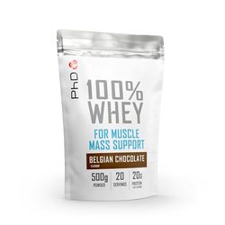 PhD Nutrition 100% Whey Protein Powder, Grass Fed Whey Protein, Rich in Amino Acids & L-Glutamine, Belgian Chocolate Protein Powder, 20 Servings, 500g
