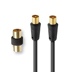 APM 408026 TV-kabel, mannelijk naar mannelijk, 9,52 mm, 5 m, met adapter vrouwelijk, goudkleurig