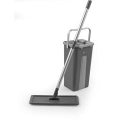 Kleeneze KL028145EU7 100 Years, Set mop a testa piatta e secchio, 2 in 1, con testa girevole e scomparti a doppia azione, raschietto, funzioni di immersione e torsione, pavimenti duri, grigio