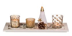 Out of the Blue 950094 Christmas Decoration Set, White Wooden Tray with Tea Light Holders, Tea Light, Candles and Decoration, Approx. 36 x 14 cm