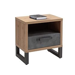 Dmora Table de chevet de style industriel avec 1 tiroir et compartiment ouvert, Table de nuit moderne, Compartiment de rangement, Fabriqué en Italie, 52x35xh54 cm, Couleur Chêne et Ciment