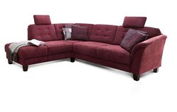 CAVADORE - Divano angolare Trond con ottomana a sinistra/divano a molle in stile country con 2 poggiatesta e sedile con cassetto/260 x 89 x 214 / tessuto rosso