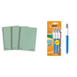 SUMMIT Jotter, A5 Metallic Notebook, Wirebound, Lined, 200 Page, Pack of 3, Green & BIC 4 Colours Original Pens, Multi Coloured Pens All In One, Biro Pens, Medium 1.0mm, Green, Blue