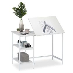 Relaxdays Escritorio reclinable, Tres estantes, Ajustable, Mesa de PC, 75 x 110 x 55 cm, Blanco