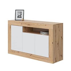 Habitdesign Buffet 3 Portes, Buffet pour Salon, Armoire auxiliaire, modèle Baltik, Finition Blanche et chêne Nodi, Dimensions : 144 cm (Largeur) x 87 cm (Hauteur) x 42 cm (Profondeur)