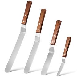 4PCS Spatule Coudée Pâtisserie, Spatule Inox Cuisine avec Manche en Bois, Palette Pâtisserie Idéale pour Gâteaux, Crêpes, Lissage et Décoration, Ustensiles à Pâtisserie