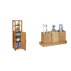 Relaxdays Mobiletto da Bagno in Bambù, Scaffale 6 Ripiani, Armadietto, Resistente all’Umidità, 119x33x25,5 cm, Naturale & Set Accessori da Bagno, Porta Spazzolini e Portasapone 4 Parti bambù