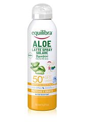 Equilibra Solari, Aloe Latte Spray Solare Bambini Spf 50+, Latte Solare per Bambini con Aloe Vera, Olio di Cocco e Argan, Vitamina E, Protegge da Scottature e Eritemi Solari, Water Resistant, 150 ml