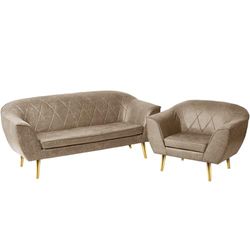 Conjunto de Muebles de salón en Polipiel: Sofa 2 plazas y sillón con Patas en Oro Beige Claro - en Polipiel, con Patas de Metal para facilitar el Montaje - sillón y sofá para salón, despacho