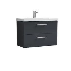 nuie ARN1426A Arno Wall Hung 2 Drawer Vanity Unit & Mid-Edge Ceramic Basin, 800mm, Soft Black, Small