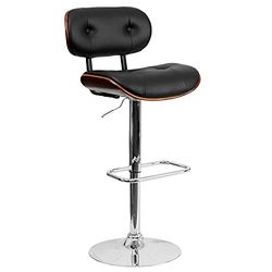 Flash Furniture Barkruk van walnoothout met verstelbare hoogte en met knopen gewatteerde zwarte vinyl bekleding