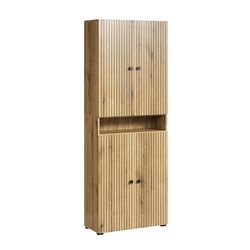 trendteam smart living - PureBliss – wysoka szafka – dąb – szeroka szafka łazienkowa o wyglądzie rowków – (szer. x wys. x gł.) 70 x 186 x 31 cm – szafka łazienkowa ze szlachetnymi metalowymi uchwytami