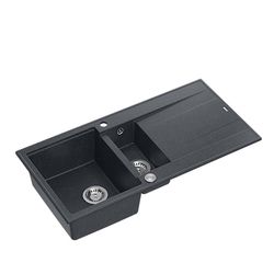 QUADRON Lavello in granito | dimensioni 50 x 100 x 21/16 cm, colore: Nero E Acciaio | EVAN 156 lavello da cucina a doppia vasca con scolapiatti | con foro per rubinetto