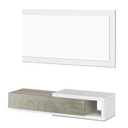 Habitdesign Corridoio con cassetto e Specchio, Mobile da Ingresso, Modello Noon, Rifinito in Bianco Artik e Quercia dell'Alaska, Misure: 95 cm (Larghezza) x 19 cm (Altezza) x 26 cm (profondità)