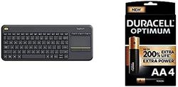 Logitech K400 Plus Wireless Livingroom Keyboard, QWERTY Spanish Layout - Black+Duracell NEW Optimum AA Alkaline Batteries [Pack of 4] 1.5 V LR6 MX1500