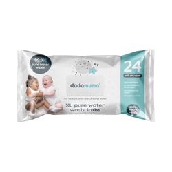 Dadamuma XL 99.9% Pure Water Washcloths (Pack of 24) | Plastic-Free | Suitable for use on newborn sensitive skin | 100% Recyclable Plastic Packaging | Fully Biodegradable