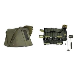 Lucx® Coon Bivvy Karpertent voor 2 personen, 1 tot 2 personen, carp dome, 10.000 mm & Lucx mannenharingenset 14-TLG + rubberen hamer tentaccessoires, olijfgroen, large