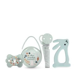 Suavinex, Cadeau voor geboorte, babygeschenkdoos met: fopspeen met symmetrische speen SX Pro 0-6 maanden + fopspeenclip + fopspeendoos + siliconen bijtring. (4 stuks)