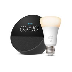 Echo Spot | Nero + Philips Hue White Lampadina LED Smart (E27), compatibile con Alexa - Kit di base per Casa Intelligente