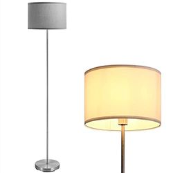 Bakaji Lampada Piantana da Terra Luce Lampadina E27 Max 60W Base Rotonda in Metallo Cromato Paralume in Tessuto Design Moderno Accensione a Pedale Altezza 160cm (Grigio)