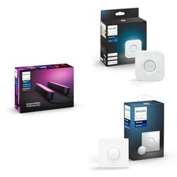 Philips Hue Barra de luz, Hue Play, Luz blanca y colores + Puente, Accesorio para bombillas y lámparas inteligentes + Interuptor inteligente, Accesorio para bombillas y lámparas inteligentes