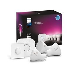 Philips Hue Starterkit - 3 Lampen - GU10 - Wit en Gekleurd Licht - 1 Smart Button - Inclusief Hue Bridge - Dimbaar - Verbind met Bluetooth of Hue Bridge - Werkt met Alexa en Google Home