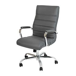 Flash Furniture Krzesło biurowe z wysokim oparciem z metalowymi podłokietnikami, skóra, szara skóra, miękka/chromowana rama, zestaw 1 szt