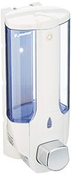 axentia – Dispensador de jabón manual de pared (capacidad 380 ml), Dosificador de champú, gel de ducha, loción de cuerpo, Dispenser para baño y cocina – 19/9,8/9 cm - color blanco/azul