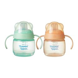 Tommee Tippee vaso de transición con boquilla, 150 ml, antiderrames para bebés a partir de 4 meses, con una boquilla con sensación natural y resistente a los mordiscos Verde y Naranja pack de 2