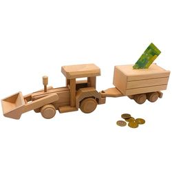 Duurzame verrijdbare hout: spaarpot als graafmachine, wiellader - spaarpot, spaarpot van hout, kinderspaarpot, graafmachine, graafmachine met hanger van beukenhout, 42 x 8 x 12 cm (l x b x h).