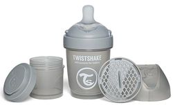 Twistshake Pro Double Anti-Koliek Babyfles met Melkpoedercontainer en Mixer - 180 ml | Langzame Stroom Siliconen Borstvormige Speen | BPA-Vrije Babyfles | Geschikt voor Pasgeboren Baby's (0+) | Grijs
