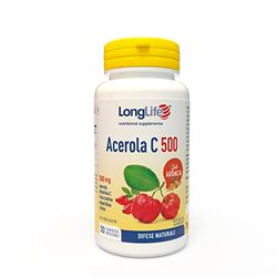 LongLife® Acerola C 500 | Integratore masticabile con acerola, vitamina C, rosa canina, esperidina e rutina | Difese immunitarie e antiossidante | 30 compresse | Gusto arancia | Vegano e senza glutine