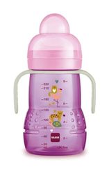 MAM Trainer Night beker met Skinsoft-siliconen zuiger, lekvrij, gemakkelijk vast te pakken, met lichtgevende handgrepen in het donker, vanaf 4 maanden, 220 ml, roze