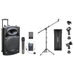 Ibiza - PORT15UHF-BT - Altavoz portátil 15"/800W MAX con 2 micrófonos (UHF), Mando a Distancia & CAHAYA Soporte de Micrófono con Brazo con Dos Pinzas para Microfonos Pie de Micrófono Plegable