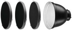 Rollei Refelktorset 70° met rasters, 70 graden reflector met 3 verschillende roosters voor optimale lichtverspreiding.