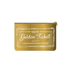 Half Moon Bay Wonka Golden Ticket - Bolsa de maquillaje con cremallera de poliuretano en tono dorado/blanco, 9.4 x 6 pulgadas, tono dorado/blanco, 9.4 x 6 pulgadas, billete dorado, Tono dorado/blanco,