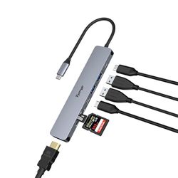 USB C Hub, Tymyp 7 en 1 USB C Dock con 4K HDMI, 100W PD, 2 USB A 3.0, 1 USB C 3.0, 1 USB C 3.0, Lector de Tarjetas SD/TF, Compatible con Apple/Surface/DELL/Lenovo/Samsung, Windows 10,8,7,XP/Mac