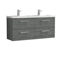 nuie ARN524C Arno Modern Bathroom Wall Hung 4 Drawer Double Vanity Unit with Twin Polymarble Basin, 1200mm, Woodgrain Anthracite