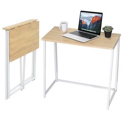MEUBLE COSY Bureau Informatique Pliant pour Petits Espaces Postes de Travail Table d'Ordinateur Pliante, Assemblage Facile, Cadre en Métal, Chêne + Blanc, 80x40x74cm
