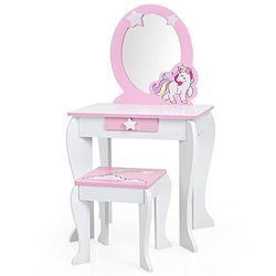 COSTWAY Coiffeuse pour Enfant avec Tabouret, Coiffeuse de Princesse, Rose, avec tiroir et Miroir Amovible, pour Filles de 3 à 7 Ans, Blanche