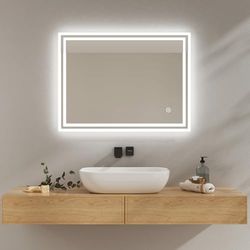 EMKE Miroir Salle de Bain avec Éclairage 80x60 cm, Miroir LED,3 Couleurs de Lumière Dimmables(Lumière Blanche Chaude/Froide/Neutre), Fonction Anti-buée, Interrupteur Tactile, Miroir Mural