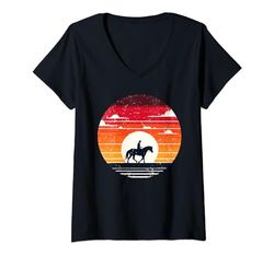 Donna Retro Sunset Horse Riding Horseback Riding Equestrian Horses Maglietta con Collo a V