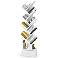 FANTASK Bibliothèque avec tiroir à 8 étages, en Forme d'arbre, étagère pour CD et DVD, pour Chambre à Coucher, Salon et Bureau à Domicile, 38 x 21,5 x 149,5 cm (Blanc)