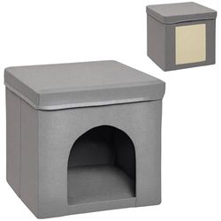 PawHut Niche Maison pour Chat Cube Pliable avec Plateau griffoir Coussin Moelleux Tissu Aspect Lin 36,5 x 36,5 x 36,5 cm Gris