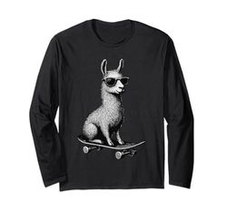 Skateboarder Llama Che Indossa Occhiali da Sole Animal Skater Graphic Maglia a Manica