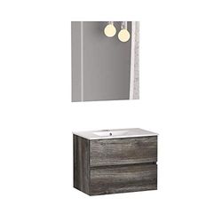 Mueble de Baño Dos cajones, suspendido a la Pared con lavabo. Melamina 16. Mueble montado. Mueble de 70cm Vintage con Espejo Luna Lisa