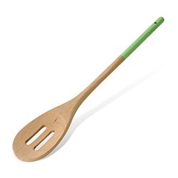 Tasty Wooden Slotted Serving Spoon, Spoon Ladle with Green Handle, Cooking Spoon for Serving Food, Wooden Kitchen Utensil, Dimensions: 30x5.5cm, Colours: Light Brown and Green