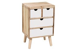 MIMBRE NATURAL Vintage lade, 4 laden, natuurlijk hout met vier witte laden, met vier poten als steunbasis, 34 x 28 x 54 cm