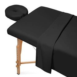 Saloniture 3-delige microvezel massagetafel lakenset - premium gezichtsbedhoes - inclusief platte en hoeslakens met gezichtshouder cover - zwart