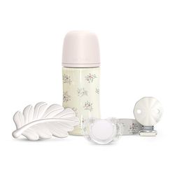 Suavinex, Presentset med babykorg +0 månader och nyfödda. 0/6 månader napp med SX Pro napp + tygnapp + antikolikflaska med SX Pro-napp medium flöde (M) 270 ml + bitring, rosa